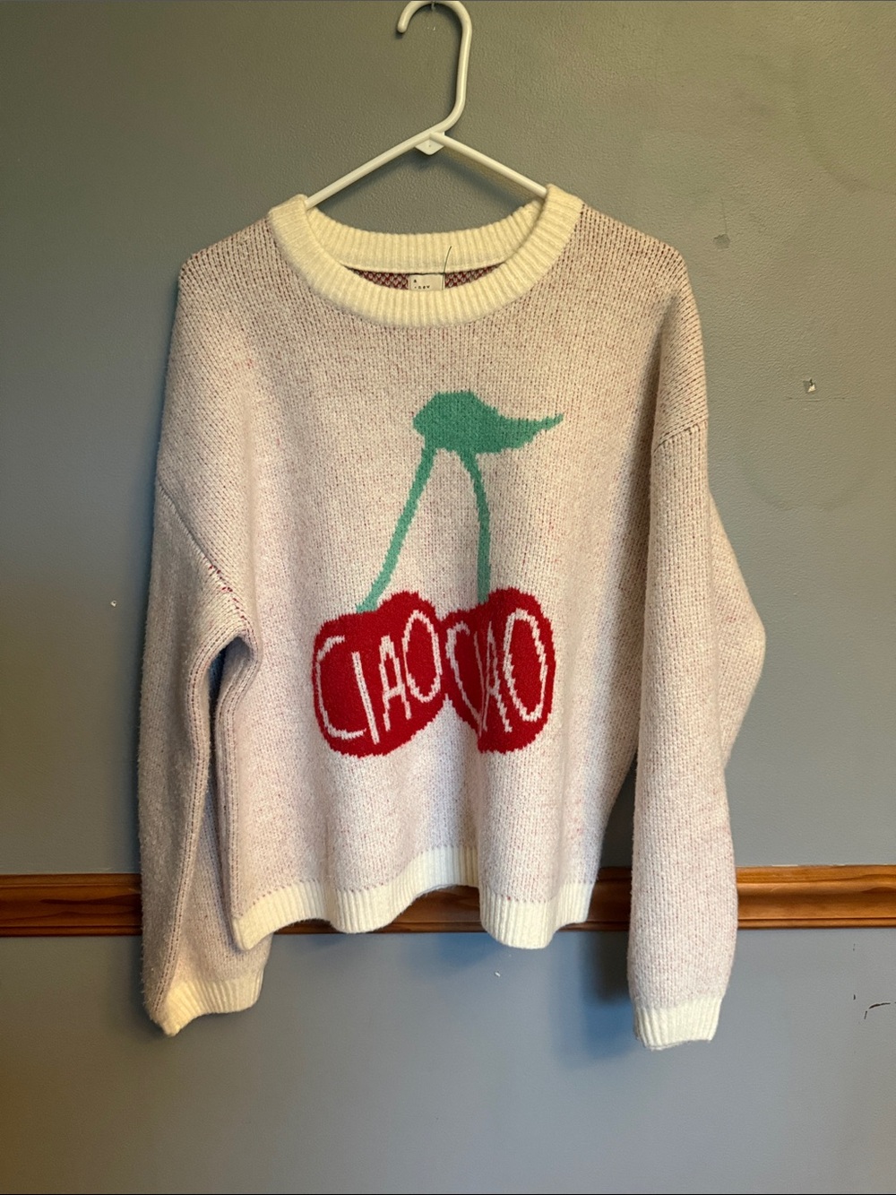 A New Day Cream Cherry "Ciao Ciao" Graphic Knit Sweater XL EUC
